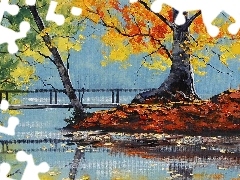 autumn, bridges, Leaf, water