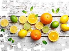 orange, lemons, boarding, limes, wood, citrus, Fruits, leaves