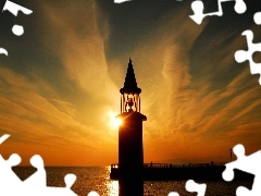 west, sea, Lighthouse, sun