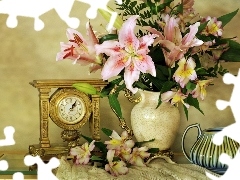 jug, bouquet, Tiger lily, Clock