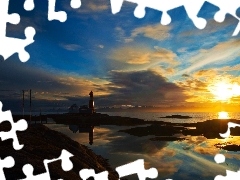 maritime, reflection, sun, Lighthouse, west