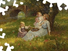 Meadow, Flowers, Two, girls, Women