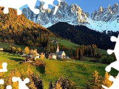 woods, medows, sun, Houses, west, Alps, autumn, Church