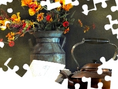 copper, bouquet, Metal, pitcher, kettle, flowers