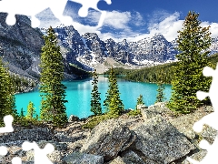viewes, Alberta, Lake Moraine, clouds, forest, Canada, Banff National Park, Mountains, Stones, trees
