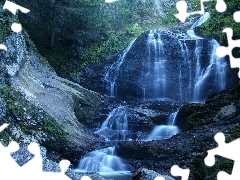 waterfall, mountains, Moss, rocks