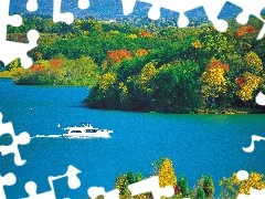 autumn, woods, Motor boat, lake
