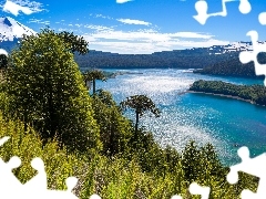 Mountains, Chile, trees, viewes, lake
