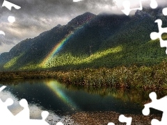 lake, Great Rainbows, Mountains, Rain