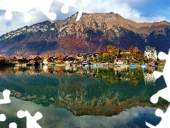 Mountains, Switzerland, by, lake, Houses