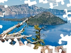 trees, Island, broken, Mountains, lake, viewes, Lod on the beach