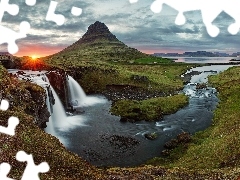 Mountains, iceland, River, Sunrise, waterfall
