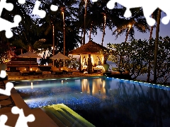 Night, Bali, Pool, Palms, Hotel hall