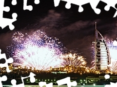 Dubaj, fireworks, Night, Hotel hall