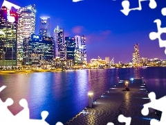 pier, skyscrapers, Night, Singapur, Town, Gulf