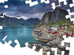 Houses, lake, Norway, Mountains