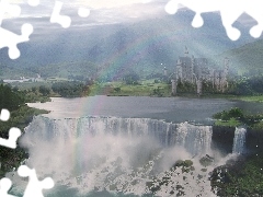 rays of the Sun, Castle, Mountains, rainbows, waterfall