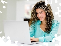 brunette, laptop, office, smiling