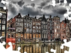 cloudy, Sky, houses, over a canal, Amsterdam