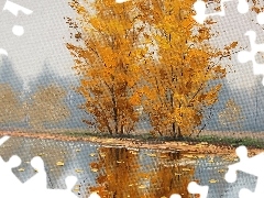 trees, autumn, paint, picture, viewes, River
