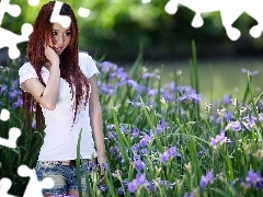 girl, flowerbed, Park, Irises