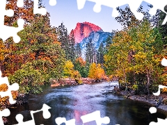 California, The United States, Yosemite National Park, autumn, Mountains, Half Dome Mountain, trees, viewes, Merced River