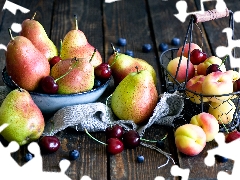 cherries, truck concrete mixer, bowl, peaches, composition, blueberries, basket