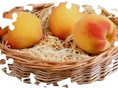 peaches, basket, hay
