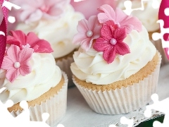 Pink, flowers, Muffins, cream, muffins