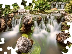 Plants, waterfalls, Stones