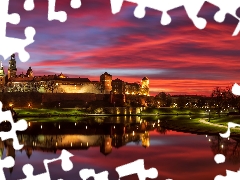 Floodlit, Wawel Royal Castle, Great Sunsets, Wawel, reflection, Kraków, Poland, Vistula river