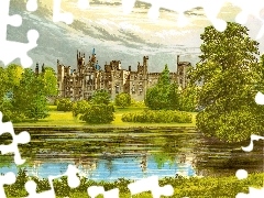 painting, Castle, Pond - car