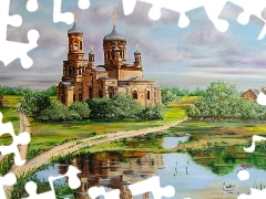 Pond - car, reflection, Cerkiew, Tracks, Church