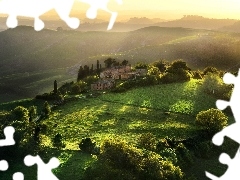 ligh, Fog, morning, Mountains, Tuscany, flash, medows, sun, trees, Farms, Przebijające, luminosity, viewes