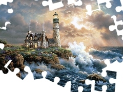 puffs, clouds, Lighthouses, Waves, picture