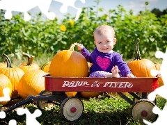 Kid, trolley, pumpkin, Smile