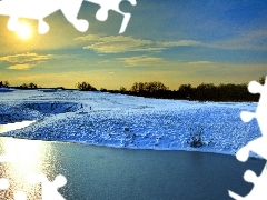 viewes, field, sun, trees, River, rays, winter