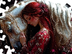 Hair, Longs, Horse, Red, Women, White, Flowers