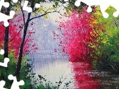 Red, Leaf, trees, viewes, lake