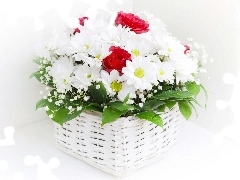 Red, roses, White, daisy, basket