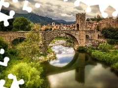 River, Bush, Spain, bridge, Besalu