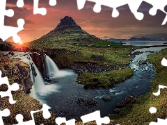 Kirkjufell Mountain, Kirkjufellsfoss Waterfall, Great Sunsets, River, clouds, nature, iceland, Sky