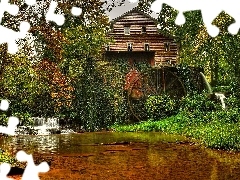 River, Old car, trees, viewes, cascade, Windmill
