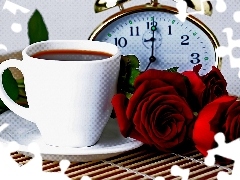 alarm clock, Red, roses, cup