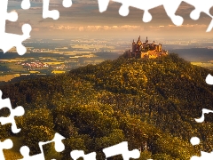 Hohenzollern Castle, Hohenzollern Mountain, trees, viewes, Baden-Württemberg, Germany, clouds, The Hills, Houses