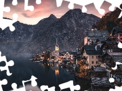 Hallstattersee Lake, Fog, Hallstatt, Houses, Austria, Salzburg Slate Alps, Mountains, Church