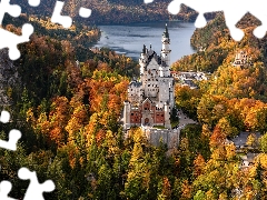 Schwangau, Neuschwanstein Castle, Lake Alpsee, autumn, viewes, Bavaria, Germany, trees