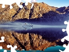 Ship, passenger, River, Fog, Mountains