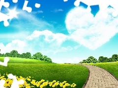 Sky, Heart teddybear, Green, Meadow, Spring