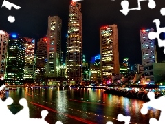 town, Night, Asia, Singapur, skyscrapers, View